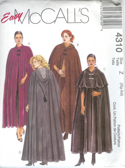 M4310 McCalls Pattern EASY Lined Cape in Two Lengths Misses/Miss Petite Size Y S-M-L