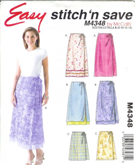 M4348 McCalls Pattern STITCH'N SAVE Wrap Skirts two lengths Misses Size A 8-10-12-14