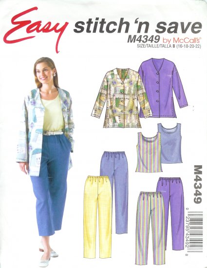 M4349 McCalls STITCH'N SAVE Unlined Jacket,Top,Pants, Capri Pants Misses/Miss Petite Size B 16-22