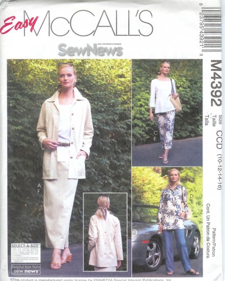 M4392 McCalls EASY Unlined Jacket, Tops, Pants and Skirt Misses/Miss Petite Size CCD 10-12-14-16