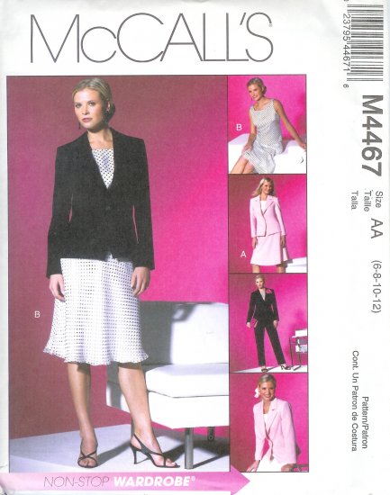 M4467 McCalls NON STOP WARDROBE Lined Jacket,Top,Bias Skirt,Pants Misses/Miss Petite Size 6-12