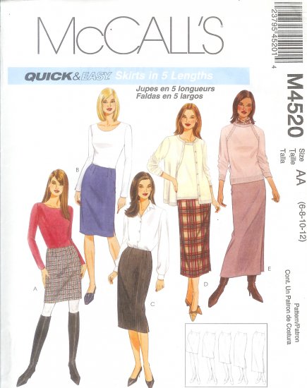 M4520 McCalls Pattern QUICK&EASY Skirts in 5 lengths Misses Size CCD 10-12-14-16