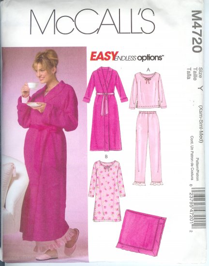 M4720 McCalls Pattern ENDLESS OPTIONS Robe,Top,Gown,Pants, Blanket Misses/Miss Petite Size XS-S-M