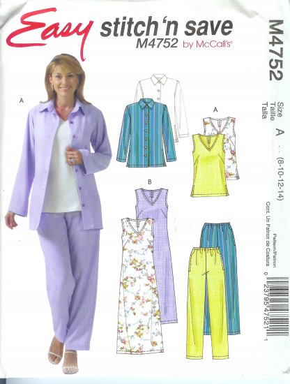 M4752 McCalls Pattern STITCH N SAVE Jacket, Top, Dress, Pants Misses/Miss Petite Size A 8-10-12-14