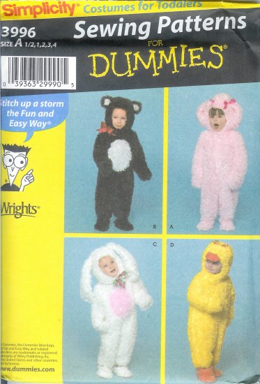 S3996 Simplicity Pattern (FOR DUMMIES) COSTUMES Toddler Size A 1/2, 1, 2, 3, 4