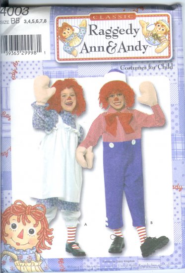 S4003 Simplicity RAGGEDY ANN & ANDY Costume Toddler/Child Size BB 3,4,5,6,7,8