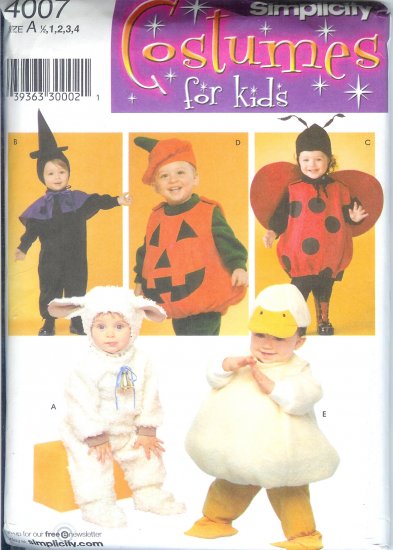 S4007 Simplicity Pattern COSTUMES for KIDS Toddler Size A 1/2, 1, 2, 3, 4