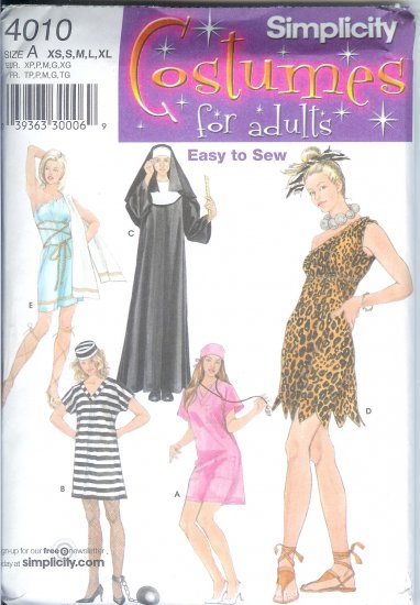 S4010 Simplicity Pattern EASY COSTUMES for ADULTS Misses Size A XS, S, M, L, XL