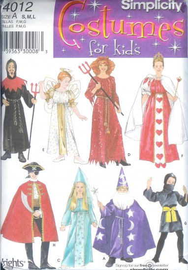 S4012 Simplicity Pattern COSTUMES for KIDS Child/Girl/Boy Size A S, M ,L