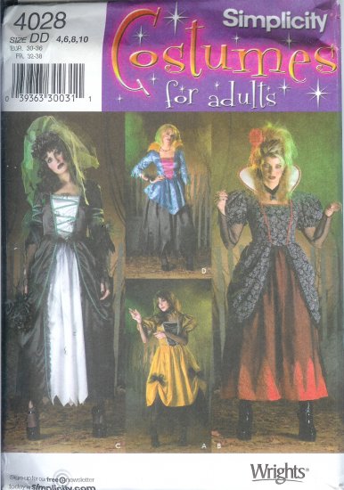 S4028 Simplicity Pattern COSTUMES for ADULTS Misses Size DD 4,6,8,10