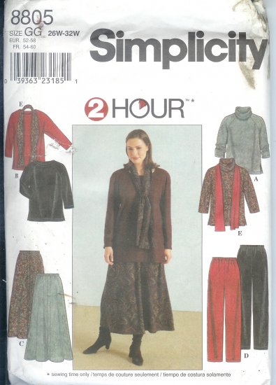 S8805 Simplicity Pattern 2 HOUR Top, Skirt, Pants & Scarf Womens Size GG 26W - 32W