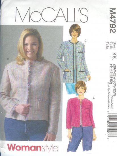 M4792 McCalls Pattern WOMAN STYLE Lined Jacket in two lengths Womens/Womans Petite Size RR 18W-24W