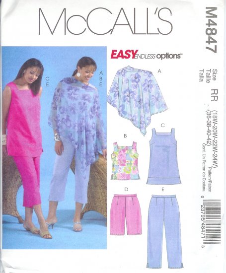 M4847 McCalls Pattern EASY OPTIONS Poncho,Top,Tunic,Shorts,Capri Pants Womens Size 18W-24W
