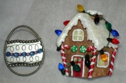 Hallmark signed Metal/Beaded Easter Pin and Detailed Gingerbread House Pin