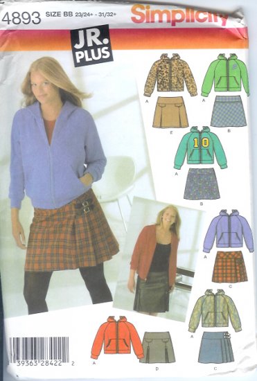 S4893 Simplicity Pattern Mini Skirts, Knit Hoodie Junior Plus Size BB 23/24+ - 31/32+