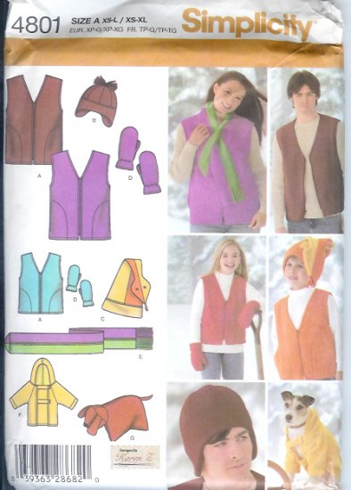 S4801 Simplicity Vest,Hats,Scarf, Mittens, Dog Coat, Pillow Unisex Childs/Teens/Adults XS-L / XS--XL