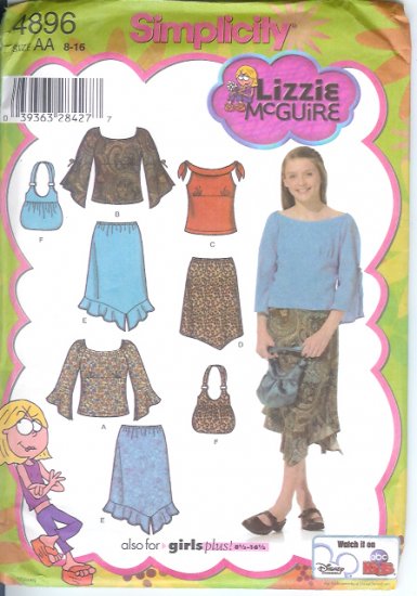 S4896 Simplicity Pattern LIZZIE McGUIRE Skirts, Top, Bag Girls/Girls Plus Size AA 8 -16