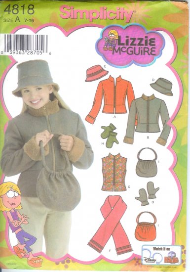 S4818 Simplicity Pattern LIZZIE McGUIRE Jacket or Vest, Scarf, Hat, Bag, Mittens Girls Size A 7-16