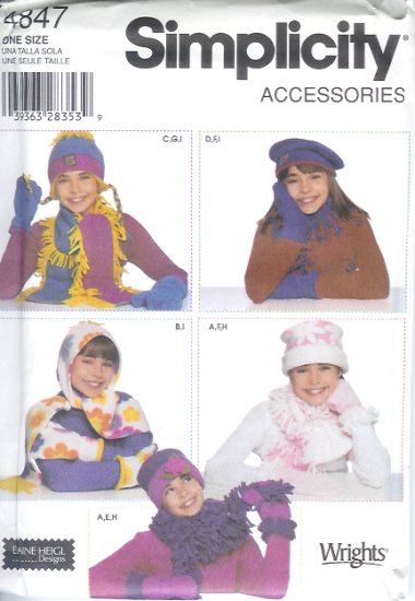 S4847 Simplicity Pattern ACCESSORIES Fleece Hats, Scarves, Mittens Girls One Size