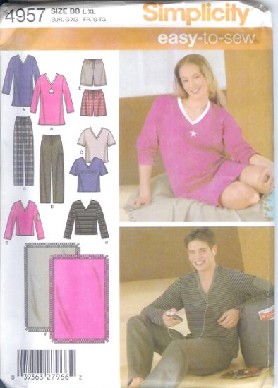 S4957 Simplicity EASY TO SEW Pants or Shorts, Knit Nightshirt or Top and Blanket Size BB L, XL