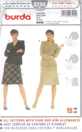 Burda 8294 Pattern Suit Size 10 - 22