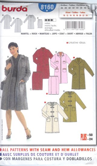 Burda 8160 Pattern Coat and Skirt Size 10 -24