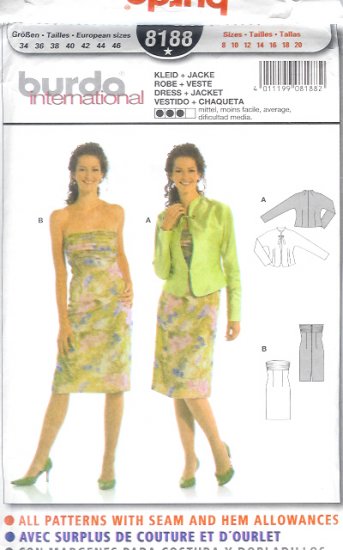 Burda 8188 Pattern International Dress and Jacket Size 8, 10, 12,1 4,16, 18, 20