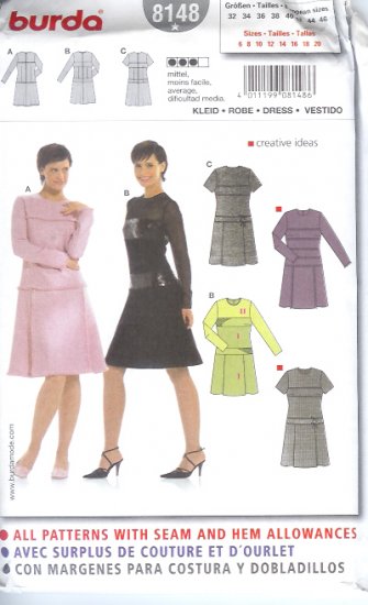 Burda 8148 Pattern Dress Size 6, 8, 10, 12, 14, 16,18, 20