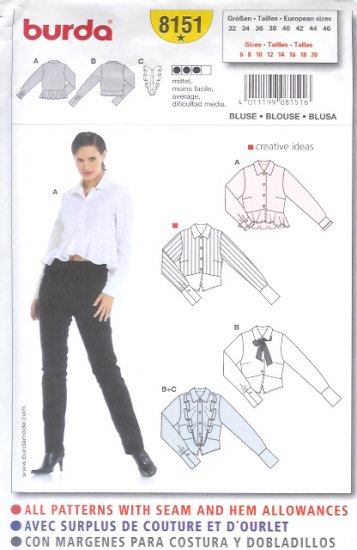 Burda 8151 Pattern Blouse Size 6, 8, 10, 12, 14, 16, 18, 20