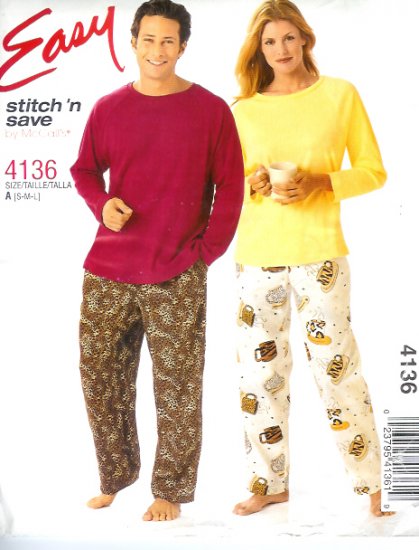 M4136 McCalls Pattern EASY Stitch N Save Top and Pull-On Pants Misses/Mens/Teen Boys Size S, M, L
