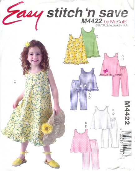 M4422 McCalls Pattern EASY Stitch N Save Tops, Dress, Pants Child/Girls Size A 3 - 4- 5- 6