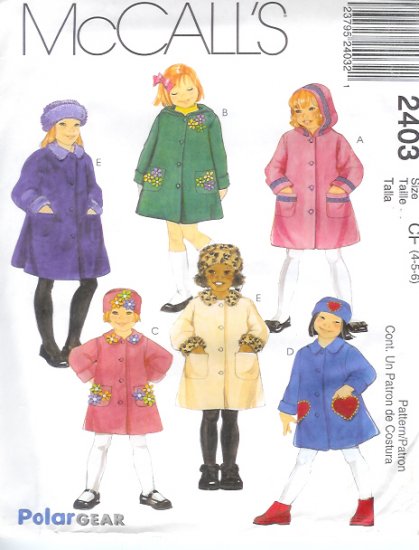 M2403 McCalls Pattern POLAR GEAR Unlined Coats and Hat in 3 Sizes Childs/Girls Size CE 3 -4 -5
