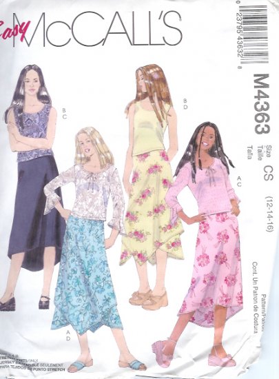 M4363 McCalls Pattern EASY Tops and Lined Skirts in 2 Lengths Girls Size CS 12-14-16