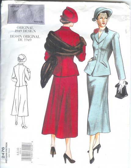 V2476 Vogue VINTAGE MODEL 1949 Design Jacket & Skirt Misses Size 6, 8, 10