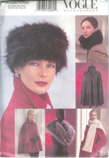 V7505 Vogue Pattern ACCESSORIES Hat, Collar, Stole, Capelet , Cape All Sizes
