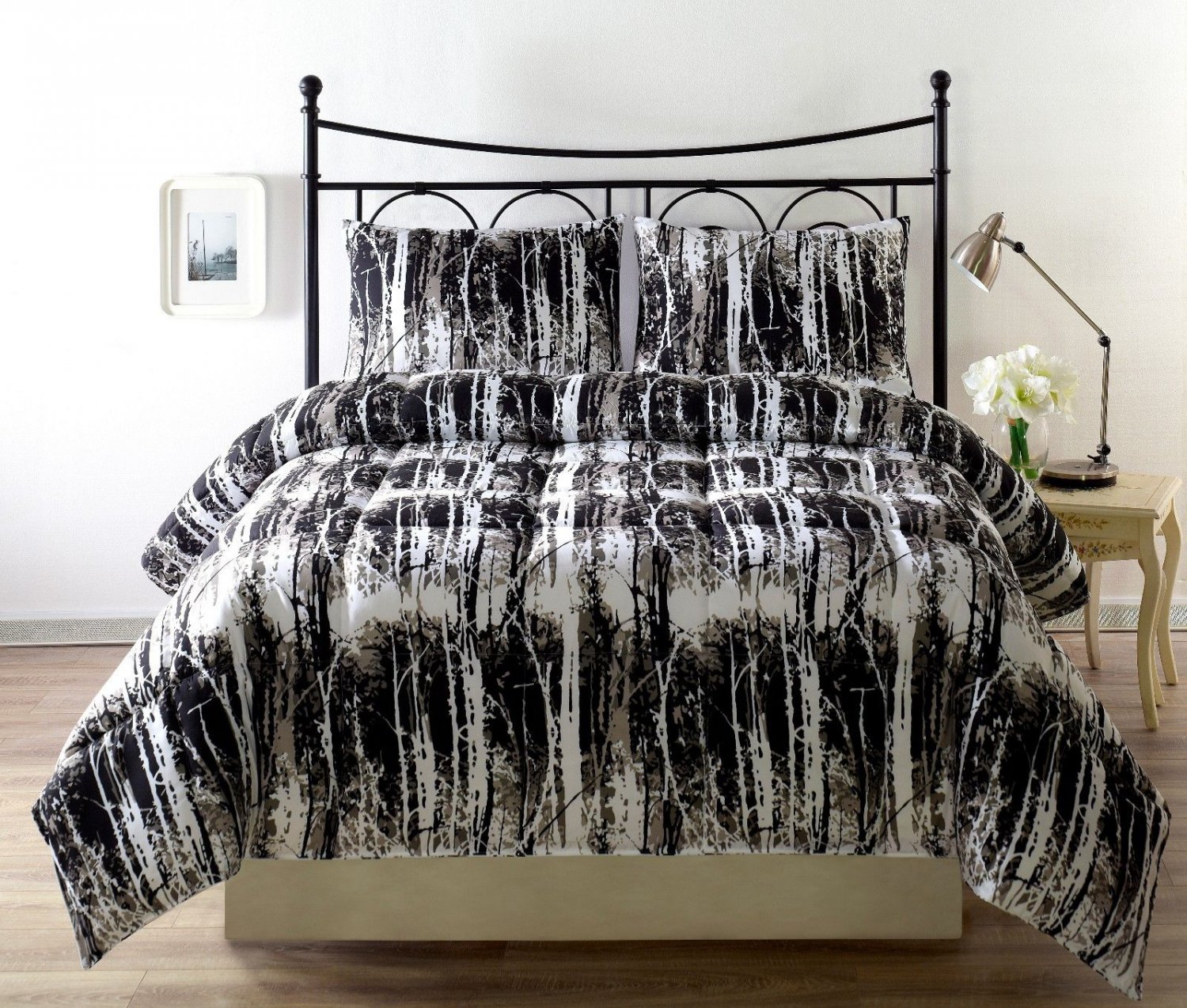 KING Size Silhuett 3pc Reversible Down Alternative Comforter Set Green Taupe Black White Cover