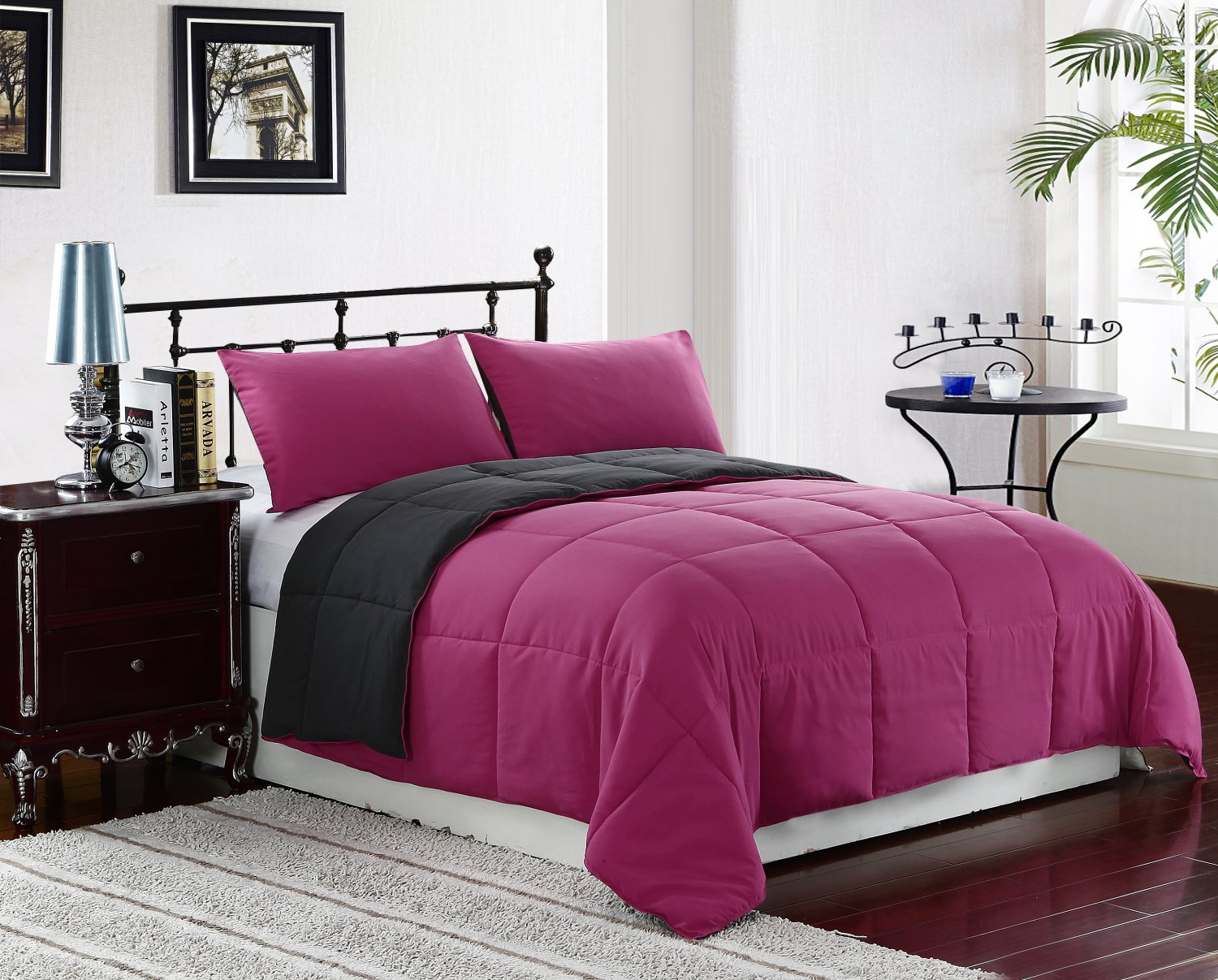 KING Size Bed 3pc Reversible Down Alternative Comforter Set, Pink/Grey Bedding