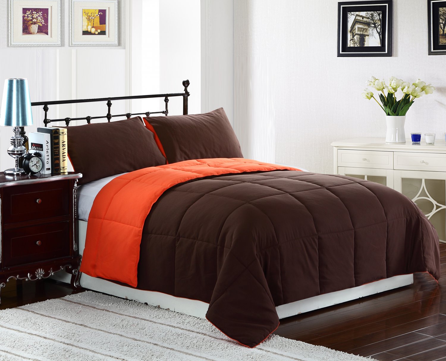 TWIN Size Bed 2pc Reversible Down Alternative Comforter Set, Orange/Brown Bedding