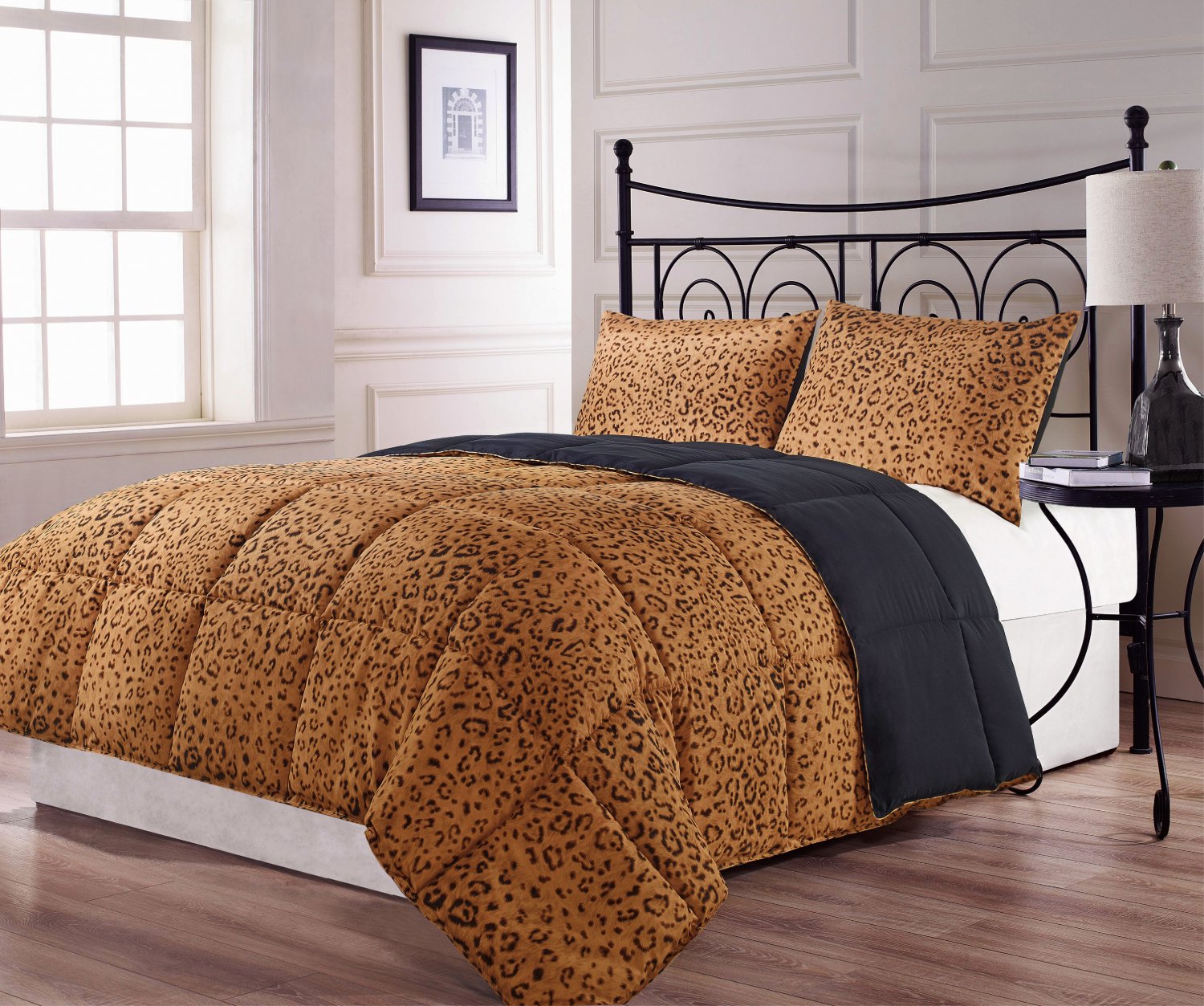 Twin Size 2pc Reversible Brown Black Leopard Print Comforter Set, bed cover