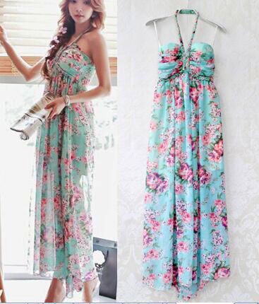 Blue Women Casual Bohemia Boho Beach Dress Chiffon Floral Flower Print Halter Summer Wholesale