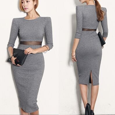 M Women Casual Grey Sexy Dress Knee Length Pencil Wrapped Bodycon Seven Sleeve Spring Autumn