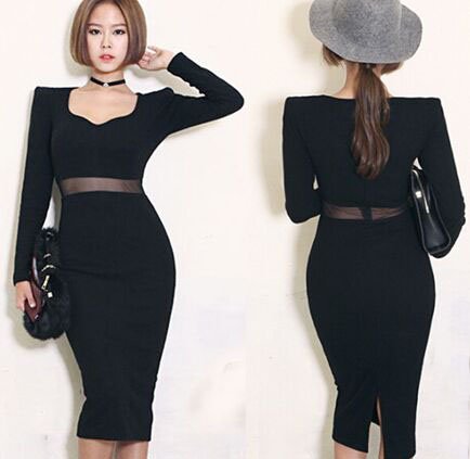M Women Casual Black Elegant Sexy Dress Knee Length Pencil Wrapped Bodycon Long Sleeve V Neck