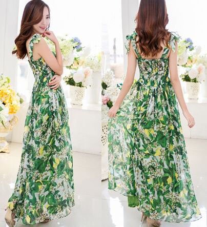 M Women Girls Casual Bohemia Beach Dress Chiffon Green Floral Print Long Spaghetti Strap Slash Neck