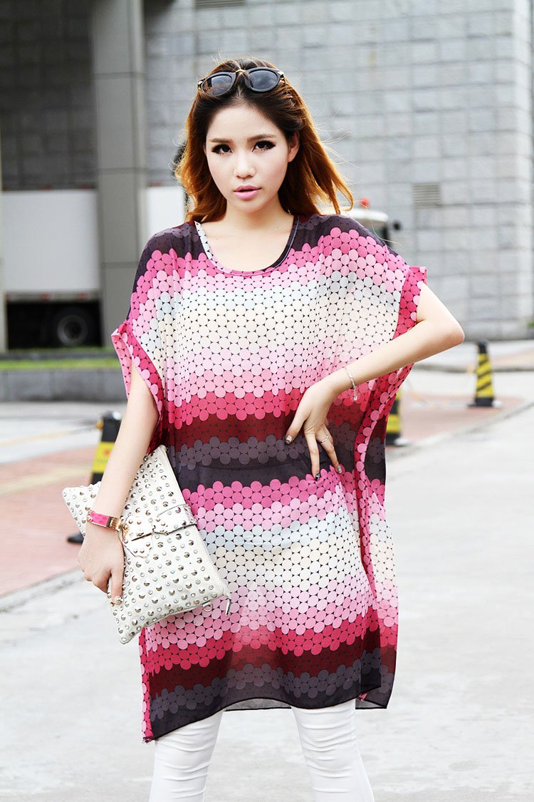 Women Casual Chiffon Tops Blouse Shirts Gradient Dots Print Loose Plus Size Short Sleeve Summer