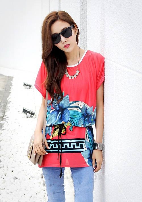 Women Long Tops Blouse T Shirts Loose Tunic Plus Size Red Print Short Batwing Sleeve Summer