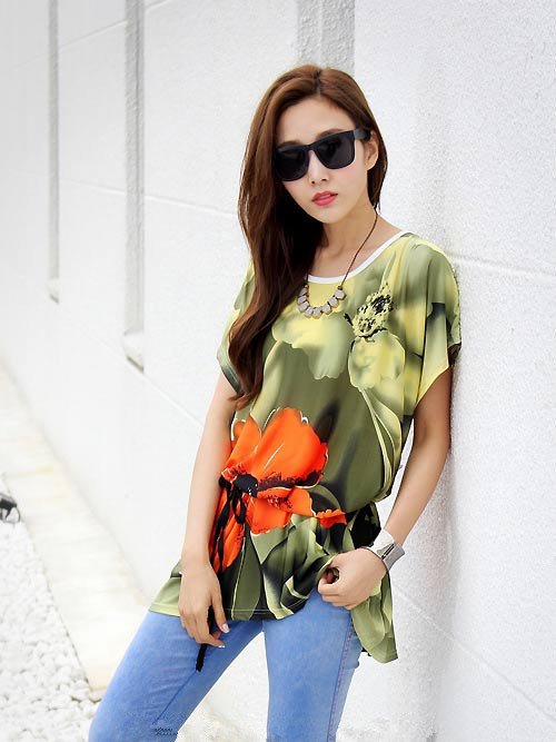 Women Long Tops Blouse T Shirts A Loose Tunic Plus Size Floral Print Short Batwing Sleeve Summer