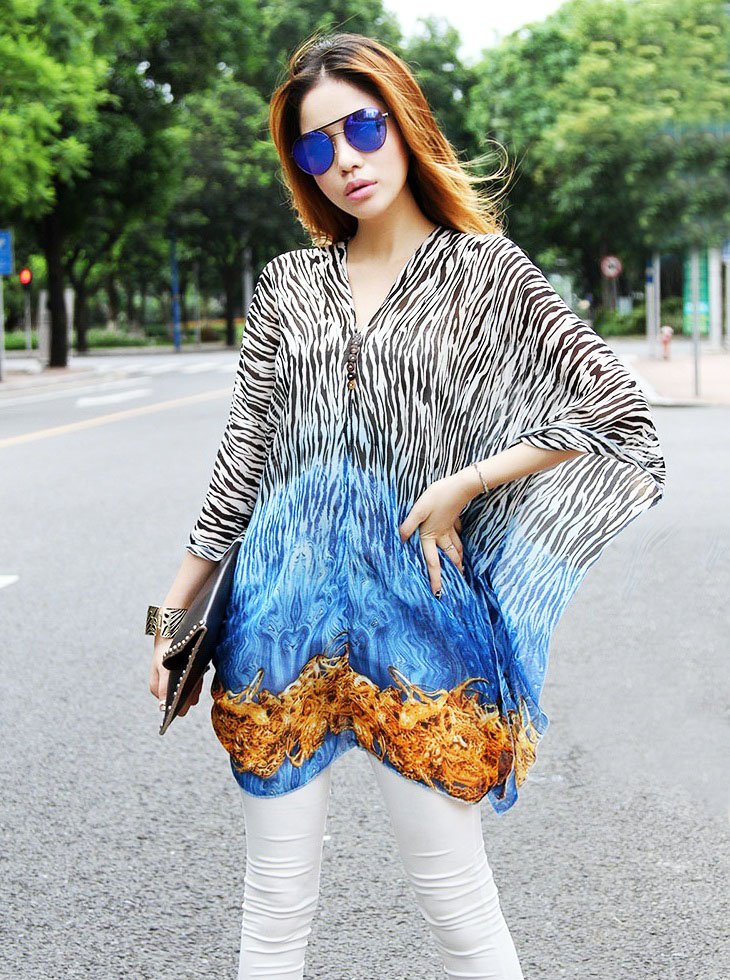 Women Casual Long Chiffon Tops Blouse Shirts Stripe Print Loose Plus Size Half Sleeve Spring Autumn