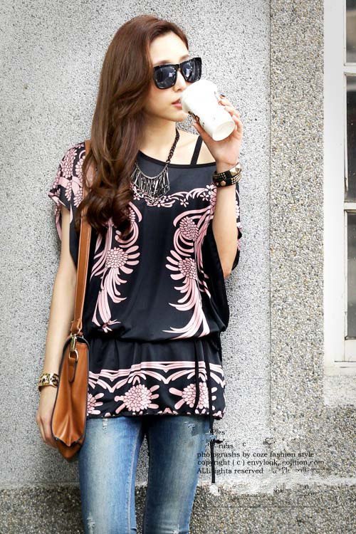 Women Long Tops Blouse T Shirts Loose Tunic Plus Size Black Phoenix Print Short Batwing Sleeve