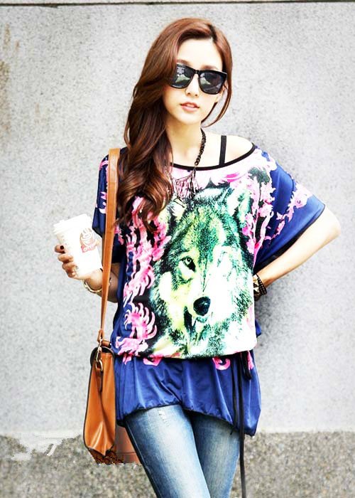 Women Long Tops Blouse T Shirts Loose Tunic Plus Size Blue Wolf Print Short Batwing Sleeve Summer