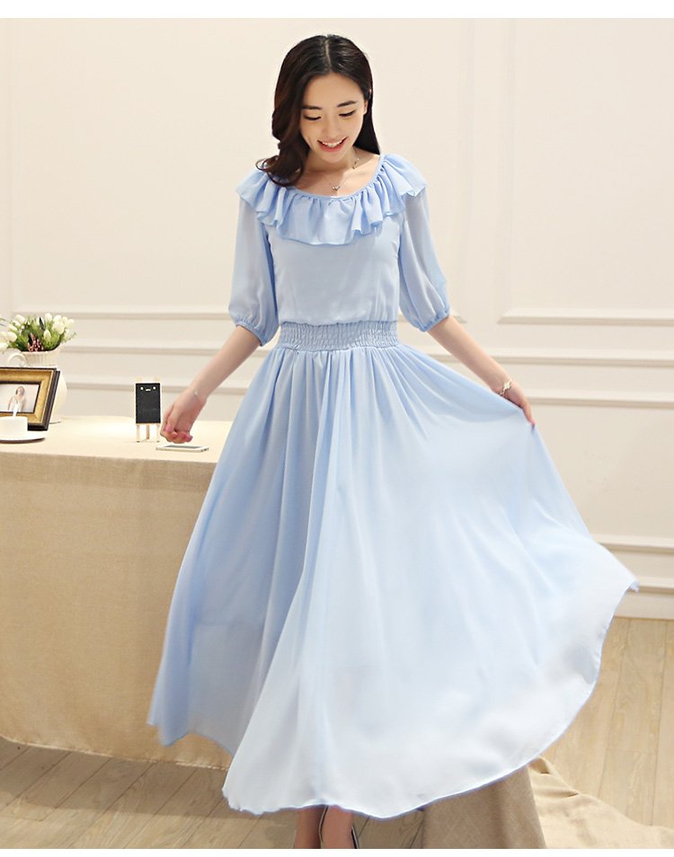 Blue M Women Girls Casual Elegant Chiffon Long Dresses Ruffle Half Sleeve Spring Autumn